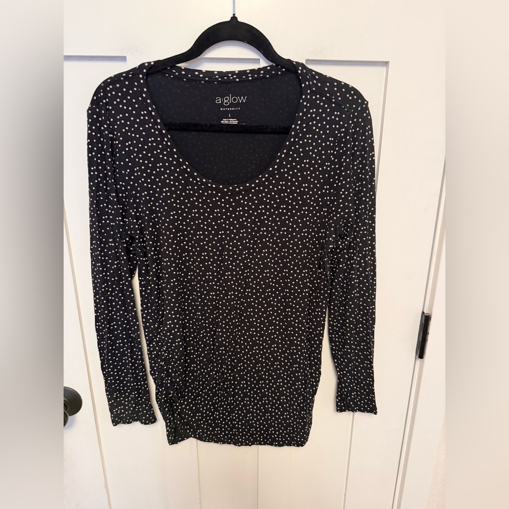 A. Glow Maternity Top long Sleeve Black Polkadot Soft Stretchy Large Ruched